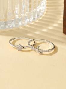 Gift Box Set Couple Rings With Star & Moon Design, Cubic Zirconia Inlaid Shiny Jewelry, Suitable As Holiday Gift - Silver - View 2