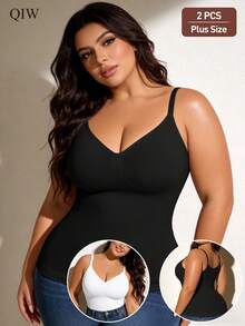 2pcs Plus Size Women Solid Color Wireless Adjustable Strap Shapewear Camisole Undershirt - Multicolor - View 1