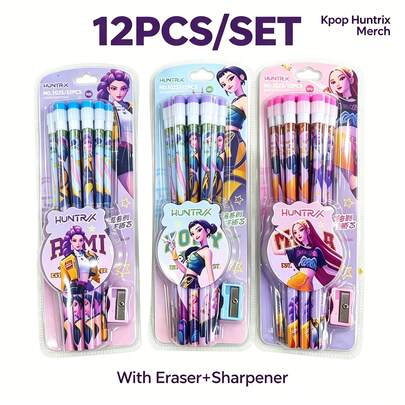 12pcs Korean Style Colored Pencil Set, Fashionable INS Style K-POP Stationery, Theme Product, Sketch And Coloring Pencils, Desktop Decor, Daily Learning Essential, Fashionable Daily Necessities, Event Gifts, Seasonal Gifts, Exclusive 12pcs Set Packaging (Random Eraser Tip Style), Comics, Event Essential, K-POP Enthusiast Celebration, K-POP Enthusiast Collection