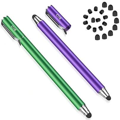 Stylus Pens For Touch Screens, Bargains Depot (2 Pcs) 2-In-1 Stylus Pens For All Capacitive Touch Screen Devices With 20 Replacement Rubber Tips - Purple/Green