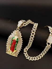 1 pièce Collier pendentif Vierge Marie mère de style hip hop rock punk plaqué or 14 carats pour hommes et femmes, chaîne cubaine épaisse - Le collier de la Vierge Marie - Voir 13