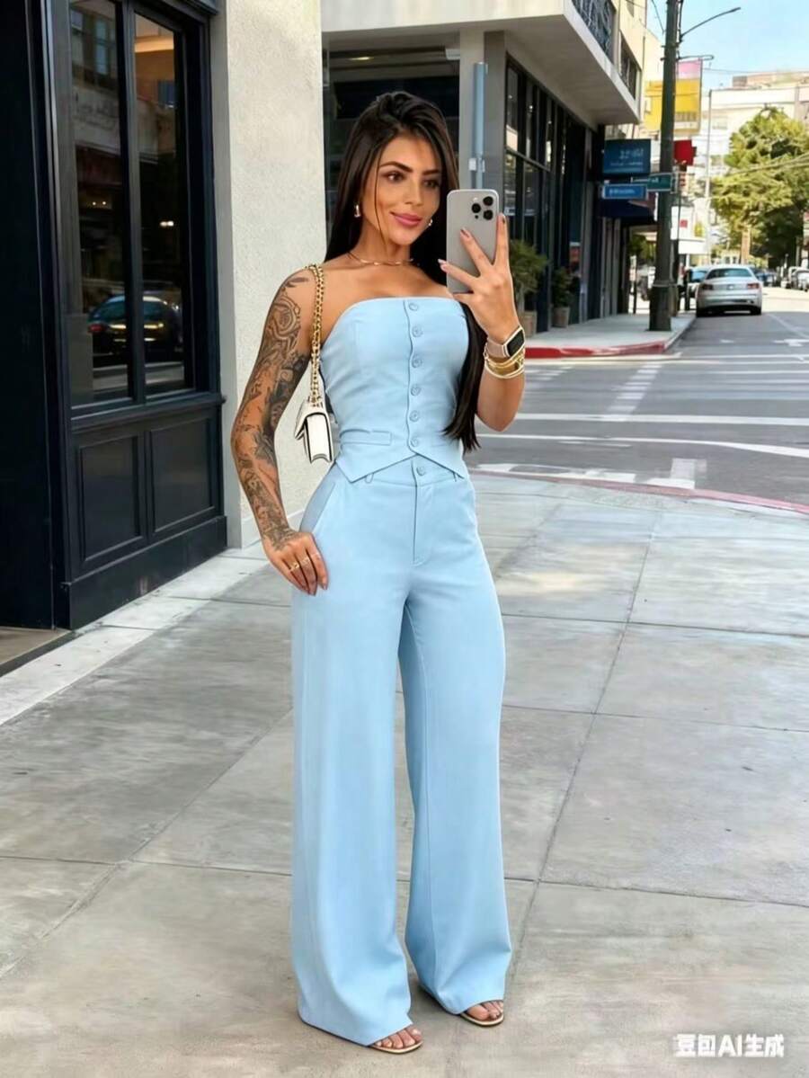 Tailored Set: Sensual Pants And Strapless Blouse With Buttons - Perfect For New Year's, Christmas, Summer, And Vacation - 淺藍色 - 查看 1