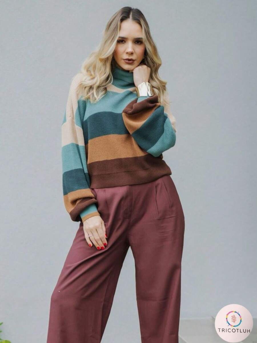 Women's Striped Knit Turtleneck Blouse, Elegant Ribbed Knit, Winter Fashion - Marrón/Beige/Verde/Arena - Ver 1