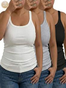 3pcs Plus Size Women Fashion, Comfortable, Casual Ribbed Camisole - Breathable, Fitted Sleeveless Casual Undershirt - Multicolor - View 1