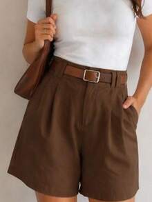 Women's Tailored Bermuda Shorts, High Waist With Belt, Elegant, Casual, Comfortable For Everyday Wear - 鏽棕色 - 查看 5