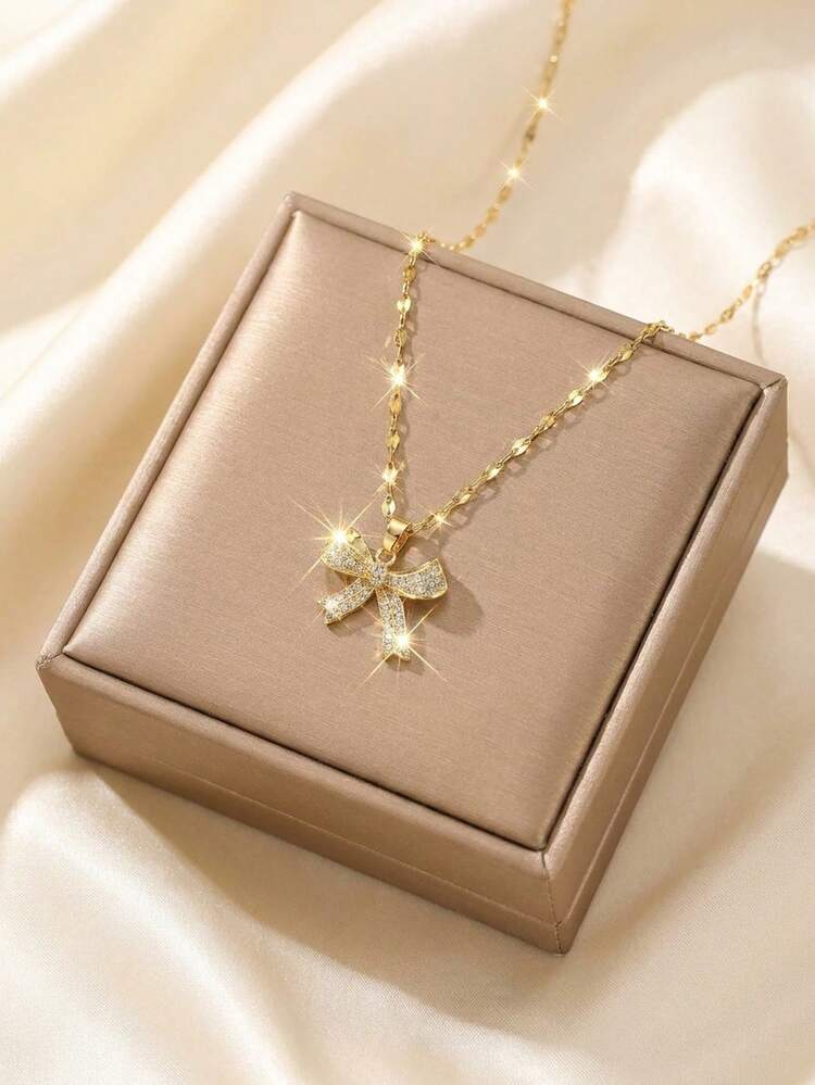 1 chiếc dây chuyền mặt nơ lấp lánh, xinh xắn, thời trang dành cho bé gái, đính đá Cubic Zirconia, quà sinh nhật và trang sức vàng đeo hàng ngày, thích hợp cho mùa tựu trường. - Vàng - Xem 4