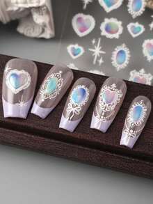 FULL BEAUTY Iridescent Aurora Vintage Lace Bohemian Totem Gemstones Nail Stickers Bow Heart Mirror Necklace Baroque Court Style Y2K Nail Supplies For Women & Girls DIY Manicure,Wedding Nail Decorations Accessories - Multicolor - View 3
