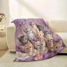 1pc Cute Cat Theme Digital Print Blanket, Cozy Throw Blanket For Cat Movie Watching, Christmas Animal Cat Design Warm Nap Blanket, Gift For Family And Friends - Lavender - View 2
