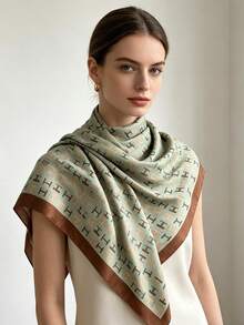 绿色字母印花缎面围巾，优雅时尚的女士办公服饰 - 綠色 - 查看 3