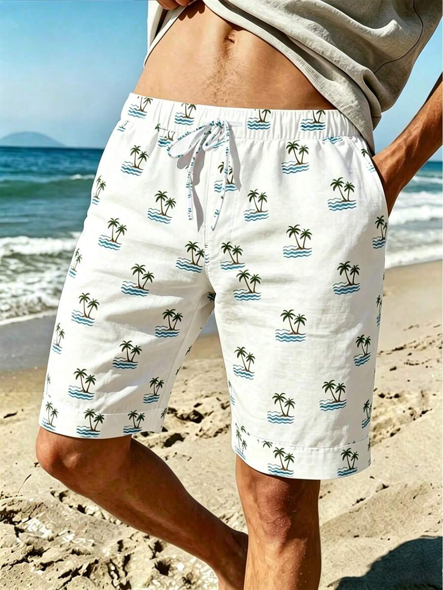 Quần short nam phong cách nghỉ dưỡng in họa tiết, kiểu dáng thường ngày. - trắng - Xem 1