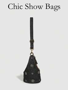 Sac seau à clous design de niche, sac à bandoulière effet denim d'été, nouveau sac à bandoulière polyvalent de style chinois à la mode pour le travail, les déplacements et les sorties décontracté pour femmes - Noir - Voir 4
