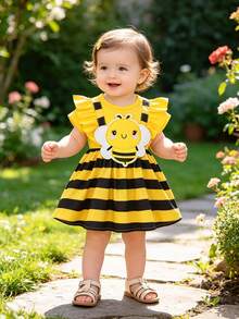 Baby Girls' Summer New Cartoon Bee Round Neck Cap Sleeve Striped Waist Dress - Multicolor - View 8