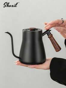 shoxil 1pc Wooden Handle Heat-Resistant Pour Over Coffee Pot, Suitable For Coffee Lovers And Daily Use - Black - View 6
