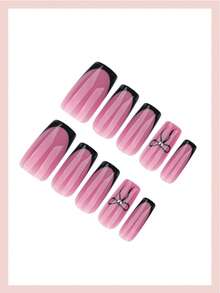 24 piezas de uñas postizas cuadradas de cobertura completa de color negro mate con decoración de lazo y cristales, adecuadas para mujeres y niñas - Multicolor - Ver 2