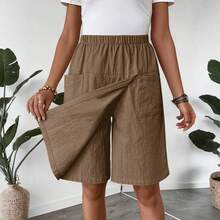 Nueva moda para mujer, pantalones cortos informales con bolsillo y cintura elástica de Color sólido, culottes ligeros y acogedores para verano - Marrón - Ver 4