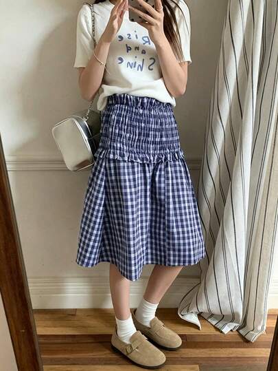 Áo croptop kẻ caro kiểu Hàn Quốc mùa hè mới, 2 trong 1, có thể mặc như áo ống hoặc chân váy, kiểu cắt ngẫu nhiên.
