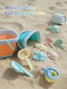 9pcs Foldable Beach Toy Set, Including Foldable Beach Bucket & Shovel, With Mesh Storage Bag And Sand Castle Building Tools. Suitable For Outdoor Beach, Swimming Pool, Parent-Child Interaction. Note: Due To Different Production Batches, Accessory Colors Will Be Randomly Shipped. - Multicolor - View 11