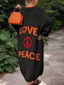 Fashionable New Autumn/Winter Tops, Featuring Letter Print, Contrast Stitching, Color Block, Colors, Pattern, Long Sleeve Sweater, Women's Casual Oversized Cardigan, Suitable For Outerwear Black - Black - View 2