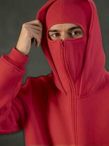 Balaklava, A Must-Have Item For Social Anxiety Sufferers. A Face-Covering Style, Loose Large-Sized And Long Double-Layered Hooded Zipper-Style Pullover Hoodie And Hooded Sweater. Suitable For Men's Autumn/Winter Clothing, Halloween Costumes, Christmas Costumes, Men's Outerwear, Fashionable Style, Men's Hooded Sweater. - 紅色 - 查看 5