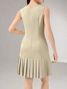 Vestido corto elegante de unicolor con dobladillo plisado y sin mangas - Caqui - Ver 2