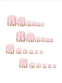 24pcs Summer French Pink Flower Rhinestone Toe Nail Stickers, Includes 1pc Nail File + 1 Roll Double-Sided Adhesive Nail Sticker Accessories - Multicolor - View 4