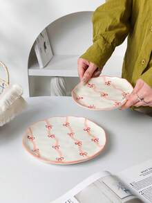 Korean Ins Style Hand-Painted Ribbon Bow Ceramic Plate, 6 Inch, 8 Inch Dessert Plate, Cake Plate, Fruit & Snack Plate, Tea Plate, Appetizer Plate, Nut Plate, Suitable For Home, Restaurant, Cafe, Bakery, Microwave - Multicolor - View 4