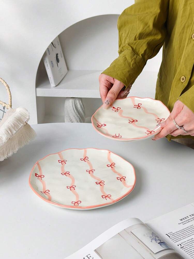 Korean Ins Style Hand-Painted Ribbon Bow Ceramic Plate, 6 Inch, 8 Inch Dessert Plate, Cake Plate, Fruit & Snack Plate, Tea Plate, Appetizer Plate, Nut Plate, Suitable For Home, Restaurant, Cafe, Bakery, Microwave - Multicolor - View 3