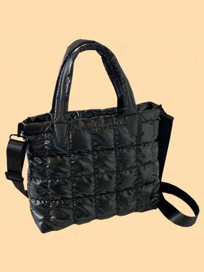 Women's Quilted Puffer Tote Bag, Lightweight Padded Handbag With Detachable Crossbody Strap, Fashion Grid Pattern Shoulder Bag For Daily Travel & Work, Versatile Black Tote Purse