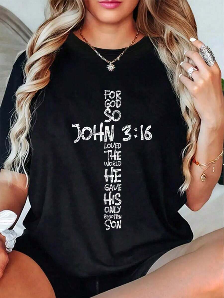 Camiseta Casual 100% Algodón Estilo John 3:16, Cruz Cristiana, Versículo Bíblico Religioso, Regalo, Bonita, Ajuste Perfecto - Negro - Ver 1