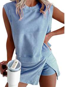 Women's New Solid Color Fashionable Casual Pure Short Sleeved T-Shirt Three Piece Pants Two-Piece Set 2pcs - Sky Blue - 查看 16