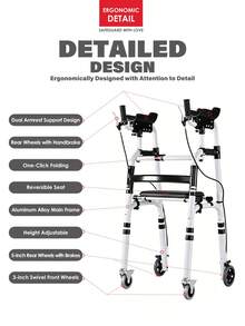 Andador con apoyo para el antebrazo con asiento y frenos, ruedas giratorias de 360°, altura ajustable, ayuda para la movilidad plegable y ligera de aleación de aluminio para personas mayores y ancianos, asistencia para caminar portátil, montaje sin herramientas - Modelo de gama alta (con frenos y asiento de cuero) - Ver 3