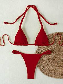 2026 Spring/Summer Women's Genuine Red Woven Strap Bikini, Sexy Triangle Two Pieces Swimsuit Set, Suitable For Beach Vacation, Elegant Dress, Resort Wear, Outerwear, Multifunctional Fitness Outfit - Red - View 2