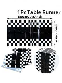1pc Black & White Checkered Racing Pattern Tablecloth, Made Of Waterproof And Stain-Resistant PE Material. Suitable For Party And Dining Table Decor, Ideal For Racing/Motorcycle Themed Birthday Party, Kitchen Table Racing Event Decoration, Home Kitchen Table Center Decor, Birthday Decoration, And Racing Party Track Game Props. - Monochrome - View 10