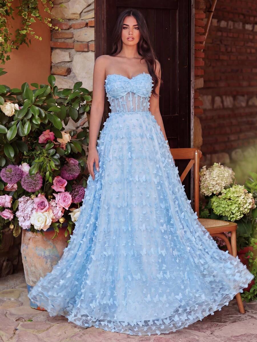 Faeriesty Đầm quây thanh lịch dành cho nữ, được làm từ vải lưới họa tiết bướm, thiết kế corset có gọng, buộc dây phía sau, chân váy xòe, thích hợp cho tiệc cưới. - Màu xanh nhạt - Xem 1
