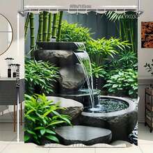 Cortina de ducha elegante con diseño de fuente de jardín, 2D, diseño de cascada y bambú, poliéster duradero, lavable a máquina, con ganchos, decoración artística para el hogar, temática de baño sereno, tela de fácil mantenimiento. - color1 - Ver 7