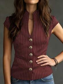 Camisa de mujer elegante, urbana y moderna de estilo casual, de un solo pecho, con diseño de bolsillo falso y cuello en V, a rayas azul marino y blanco. Blusa de oficina/trabajo, cárdigan de verano, blusa para exteriores, blusa a rayas azul y blanco, camisa ajustada. - Burdeos - Ver 3