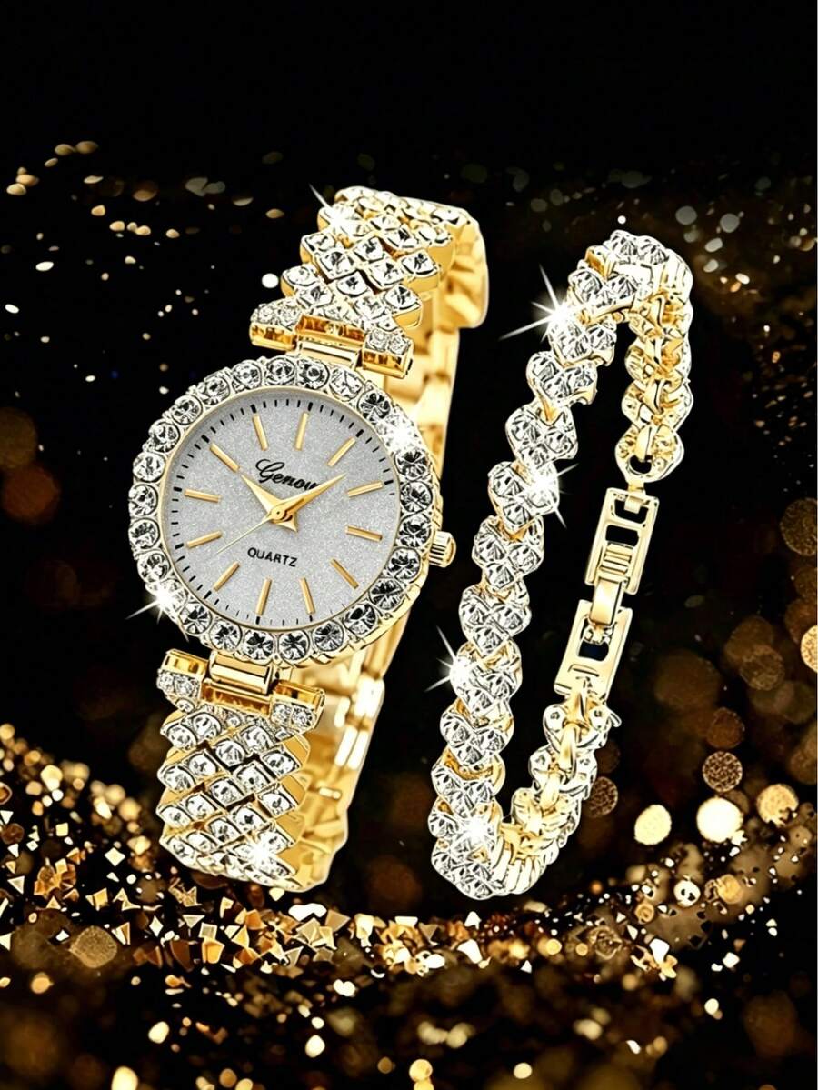 Bộ 2 chiếc đồng hồ thạch anh và vòng tay đính đá lấp lánh gồm vỏ thép không gỉ mạ vàng được bao quanh bởi một vòng đá lấp lánh tuyệt đẹp. - Màu vàng - Xem 1