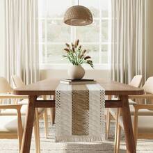 1pc Luxury Elegant Premium Cotton Linen Rustic Boho Embroidered Tassel Decorative Dining Table Runner For Home - Beige - View 4