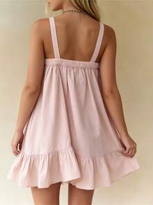 Women Slip Dress, Sleeveless Pleated Ruffled Solid Loose Summer Dress Mini Dress Suitable For Daily Look And Dating Occasions - Pink - View 2
