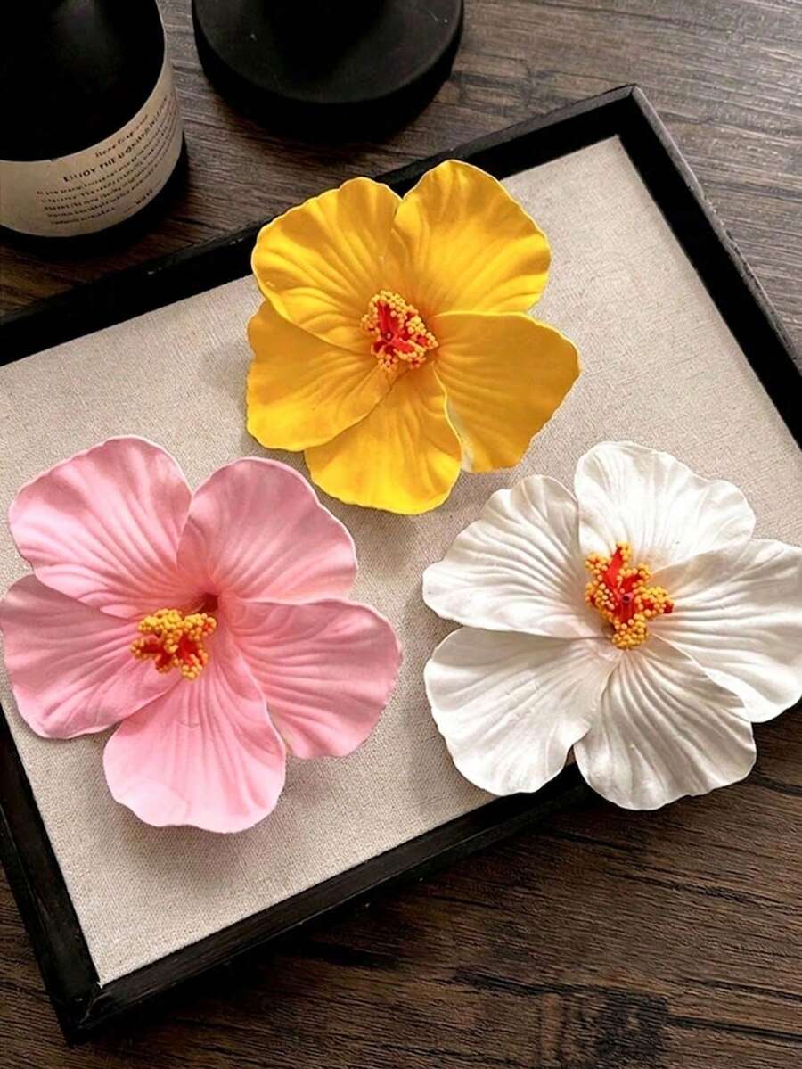 3个夏威夷花朵发夹,人造花朵发夹,芙蓉花发夹,莲花发夹,适合假日海滩派对、夏季热带花朵发饰、婚礼派对、送给女性的礼物、母亲节礼物、发爪、发夹、旅行、生日 - 彩色 - 查看 1