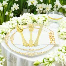 175Pcs Gold Plastic Plates For Party, Disposable Plates Set, 25 Of Each 9" Dinner Plates, 7" Cute Dessert Plates, 9oz Cups & Spoons Forks Knives Napkins Cutlery For Weddings Birthday Baby Bridal Shower, Catering Events - Dinnerware Set Exquisite For 25 Guest Service - Elegant & Sturdy - White - View 3