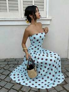 Vestido bandeau con cintura ceñida y estampado de lunares, estilo vacacional - Multicolor 16 - Ver 4