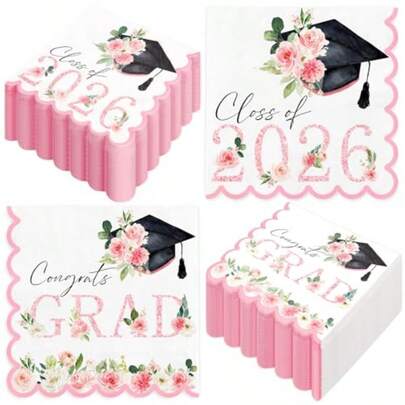 50 Pcs Graduation Cap Paper Napkin Scalloped Disposable Luncheon Napkins Congrats Grad Pink 2026 Hat Flower Decorative Dinner Napkin For School Graduation Party Tableware Supplies
