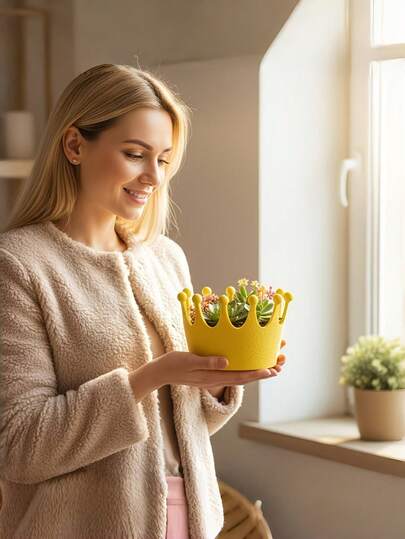 1个创意皇冠造型桌面收纳盒，可收纳珠宝、钥匙、小物件，也可作多肉植物花盆，现代简约家居装饰，适用于卧室、梳妆台、客厅、办公桌，亦可作艺术摆件，精美礼品。