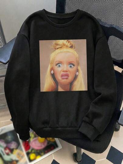 Sudadera casual de cuello redondo con estampado retro de retrato para mujer, adecuada para primavera, otoño e invierno, color negro