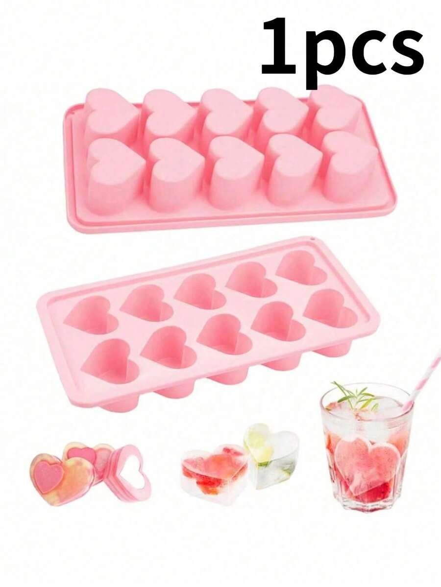 1 khay silicon hình trái tim, khuôn đá 10 ngăn, dễ lấy đá ra, thích hợp để làm rượu whisky, cocktail, cà phê và các món ăn tự làm. - Hồng - Xem 1