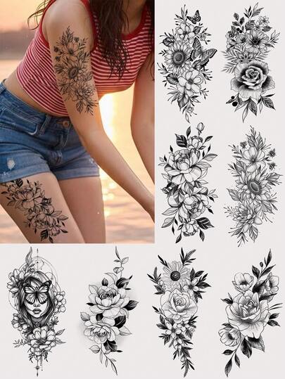 8pcs Black Floral Sketch Temporary Tattoo Stickers, Realistic & Long-Lasting Fake Tattoos, Waterproof & Sweatproof, Easy To Use, Sexy Dancer Chest & Thigh Design, Suitable For Women's Parties, Gatherings And Daily Wear, Can Be Applied To Abdomen, Thighs, Collarbones, Back And Other Areas, Perfect For Valentine's Day
