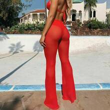 Pantalones sexis de pierna ancha elásticos de cintura alta de malla transparente para playa para mujer, pantalones de talla grande para cubrir Bikini, S-XL - Rojo - Ver 4