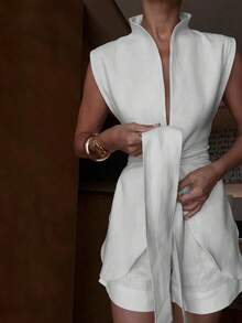 1 Set Solid Color Casual Elegant Knotted Women's 2-Piece Set, Formal Evening, Beach, Spring/Summer White - White - View 3