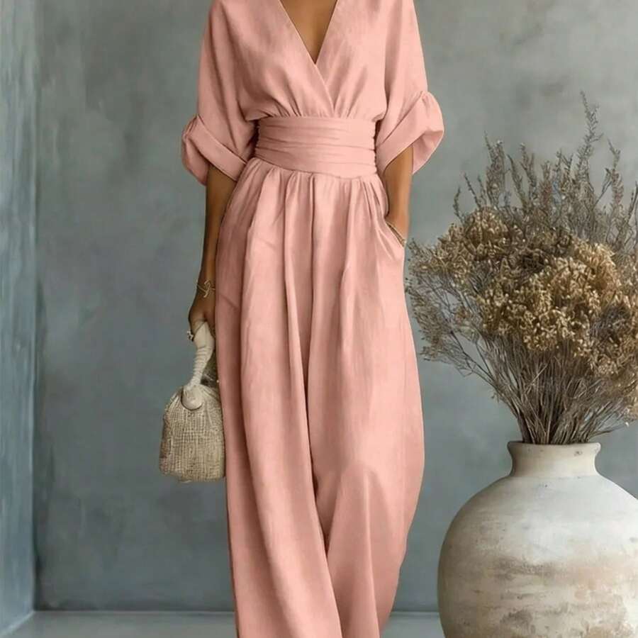 2026 New Women's Linen-Blend Jumpsuit, Deep V-Neck Half-Sleeve Belt Wide-Leg Pants, Elegant Casual Jumpsuit With Pockets, Suitable For Daily Wear In Summer Vacation - 粉色 - 查看 1